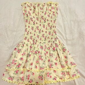 Girls Cream Floral Smocked Sundress with Pink Rose Print